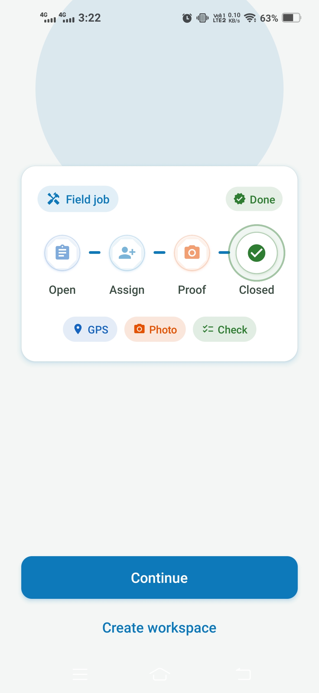 Field job workflow: open, assign, proof, closed