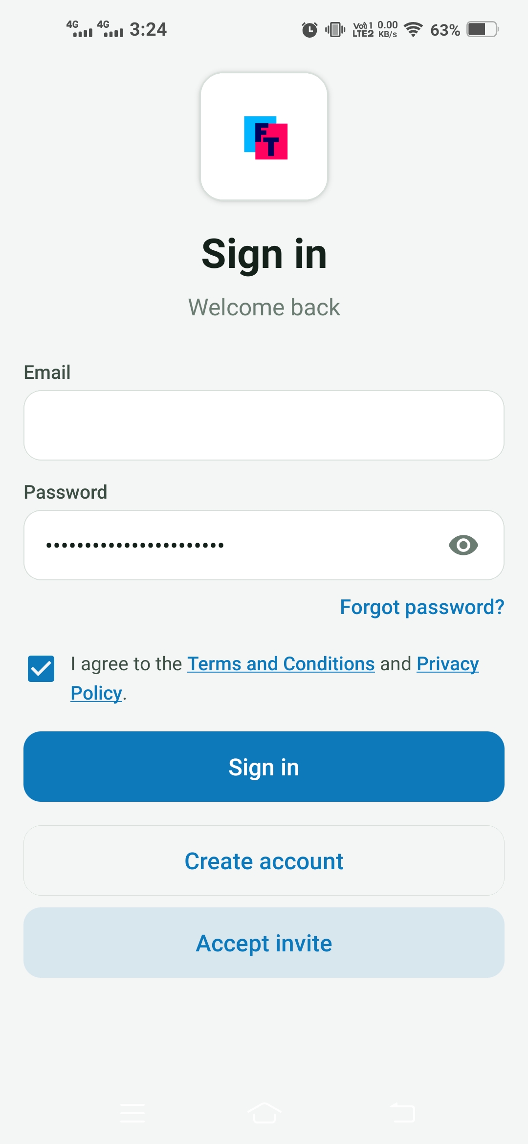 FT App sign-in screen