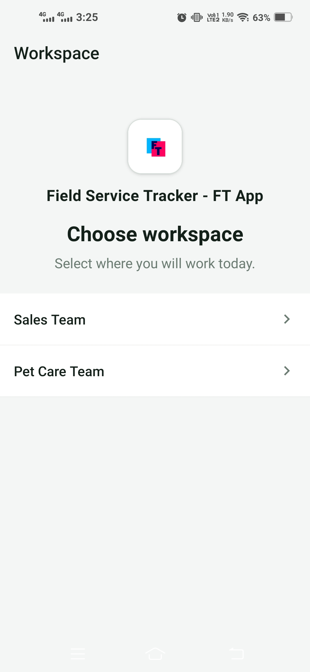 Workspace selection screen