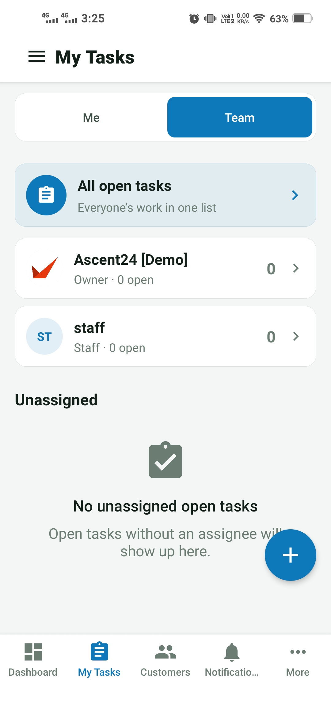 My Tasks screen with team workloads