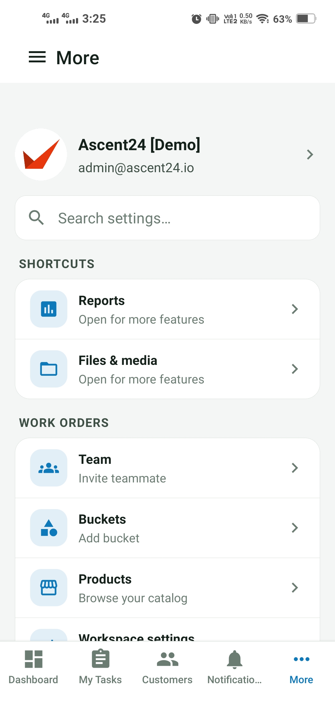 Reports, team, buckets and settings screen
